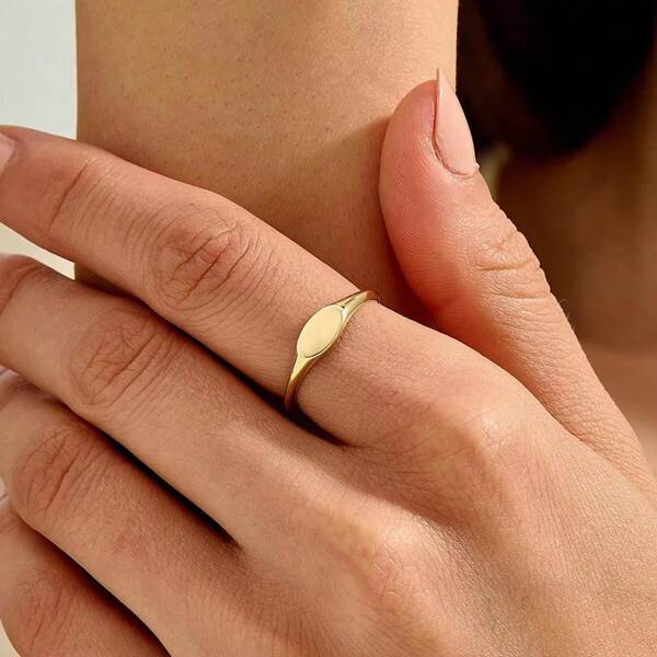 1PC Minimalist Mini Oval Signet Open Ring For Women Men Thin Plain Ring 18K Gold Plated Stainless Steel Adjustable Finger Ring Unisex Jewellery Fashion Accessories Engagement Wedding Gifts For Her