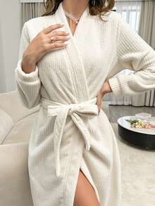 1 pieza Bata de mujer larga tipo cárdigan, bata de baño minimalista con cinturón, ropa de dormir de otoño/invierno - Blanco - Ver 5