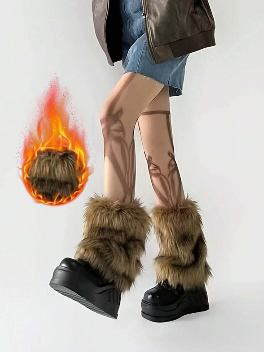 1 par de calentadores de piernas estilo vaquero occidental para mujer, calentadores de piernas mullidos y retro color marrón para chicas, versátiles y adecuados para uso diario, Y2K, cálidos y acogedores - Multicolor - Ver 1