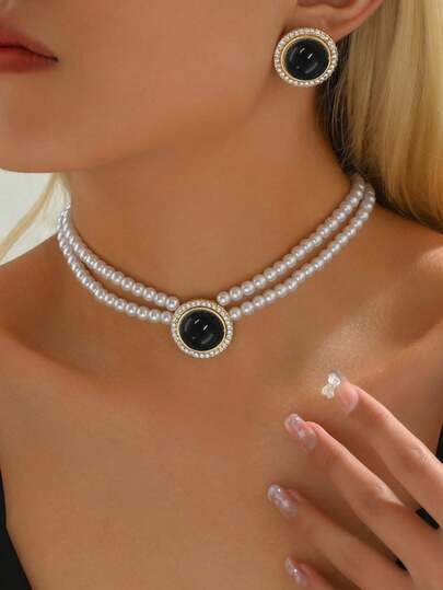 3pcs/Set Sexy European Style Faux Pearl Round Button Pendant Necklace & Earrings Set, Suitable For Women's Daily Wear Or Party Occasions