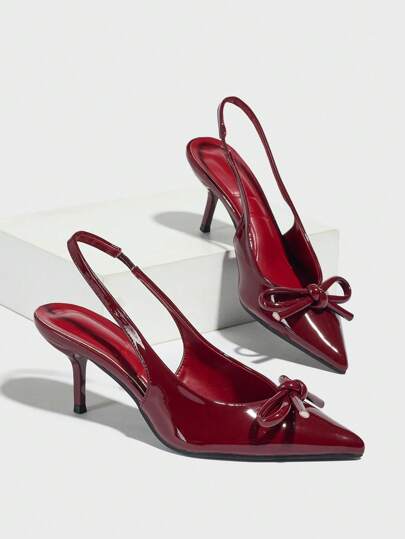 女士派对高跟鞋，蝴蝶结装饰高跟鞋，酒红色优雅款，酒杯尖头浅口鞋，细高跟鞋，时尚复古春秋季套脚尖头浅口鞋，情人节款，优雅款，猫跟鞋