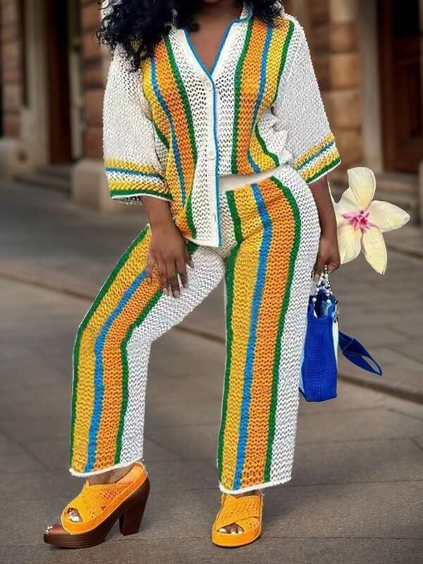 Conjunto informal de vacaciones de 2 piezas para mujer con suéter de cuello en V hueco y pantalones largos a rayas de color contrastante para otoño y primavera