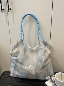 女士大容量通勤包，2025水彩画和云朵印花托特包，优雅斜挎单肩包 - 藍色 - 查看 8