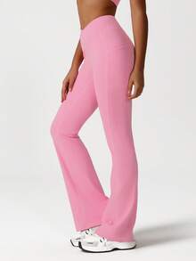 Sodalemon 女士纯色交叉腰带休闲户外训练健身房侧袋瑜伽运动喇叭裤粉色春季 - 粉色 - 查看 4