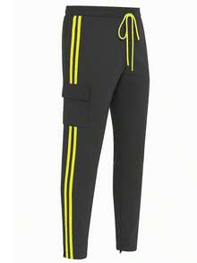 Mens Black And Lime Side Stripe Cargo Track Pants Elastic Waist With Drawstring Ankle Zipper Streetwear ACtivewear Gym And Fitness Casual Pants  Regular Fit    Weekend Casual  Night Out  Sports  Daily - 黑石灰 - 查看 2