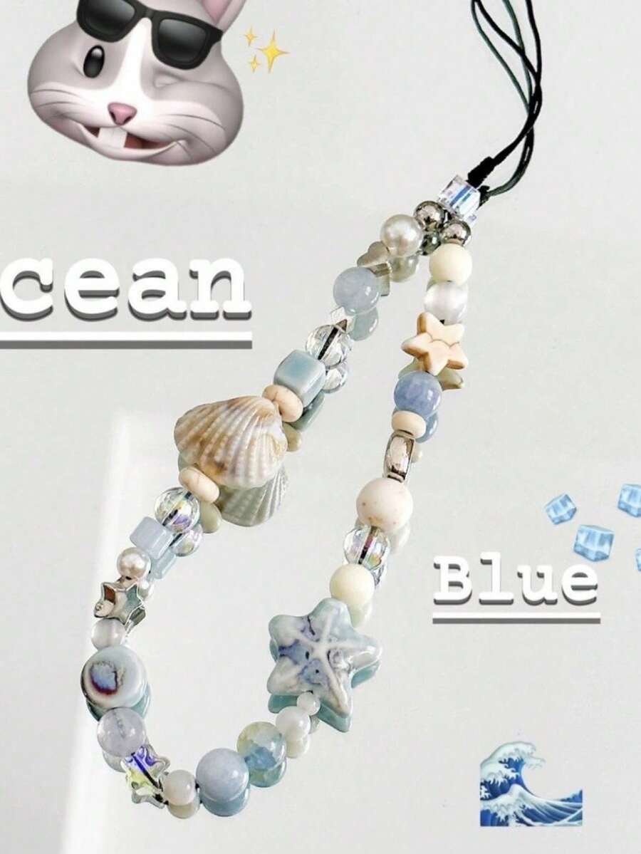 手工制作的美人鱼贝壳吊坠手机挂绳,DIY串珠相机带项链链钥匙扣相册链 - 藍色 - 查看 1