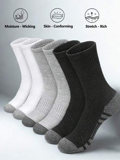 3 Pairs Black, White, Grey Basic Knitted Mid-Calf Socks, Versatile For Commuting & Leisure