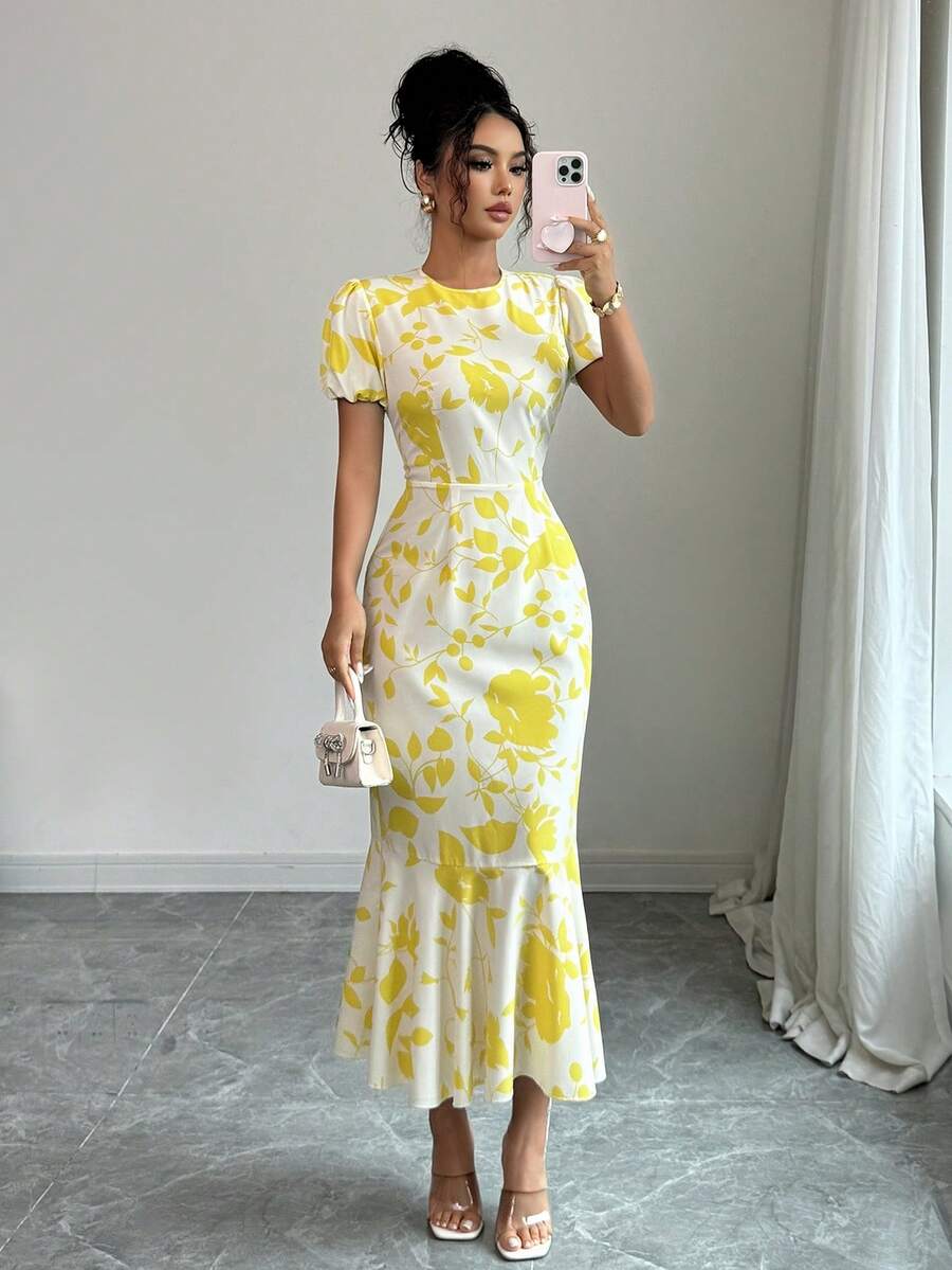 1pc Women's Elegant Plant Printed Woven Fabric Dress, Sophisticated Casual Everyday Wear - Multicolor - View 1