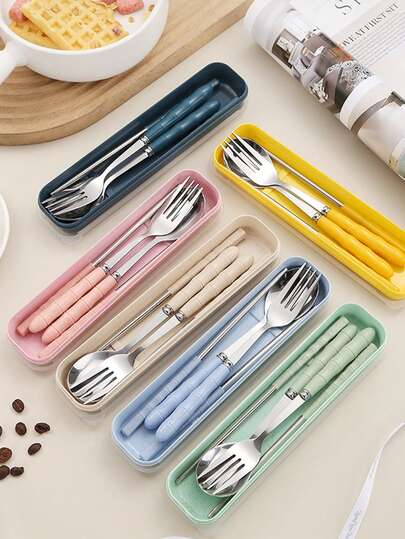 Juego de 3 piezas de cubiertos reutilizables de acero inoxidable, adecuado para picnic, camping, viajes, trabajo, actividades al aire libre, cocina, comedor, estudiantes, viajes, camping, oficina, regalos festivos