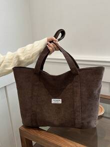 纯色大容量简约手提包，灯芯绒材质极简主义手提包，一体式休闲纯色灯芯绒简约轻便可折叠单肩手提包，适合购物、日常使用 - 咖啡棕 - 查看 3