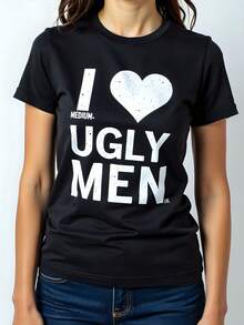 Camiseta  180g de Algodón, Manga Corta y Cuello Redondo con Estampado "Me Encantan los Hombres Feos" - T-shirt Casual Moderno para Estilo Urbano, Perfecta para Looks Informales y Cómoda para Uso Diario - Negro - Ver 1