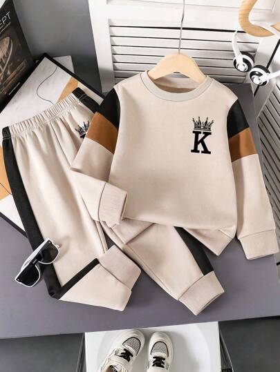 Tween Boy Letter Print Color Block Warm Round Neck Sweatshirt And Pants Set