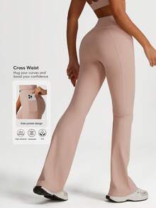 Sodalemon Women Solid Color Cross Waist Casual Outdoor Training Fitness Gym Side Pockets Yoga Sport Flare Pants