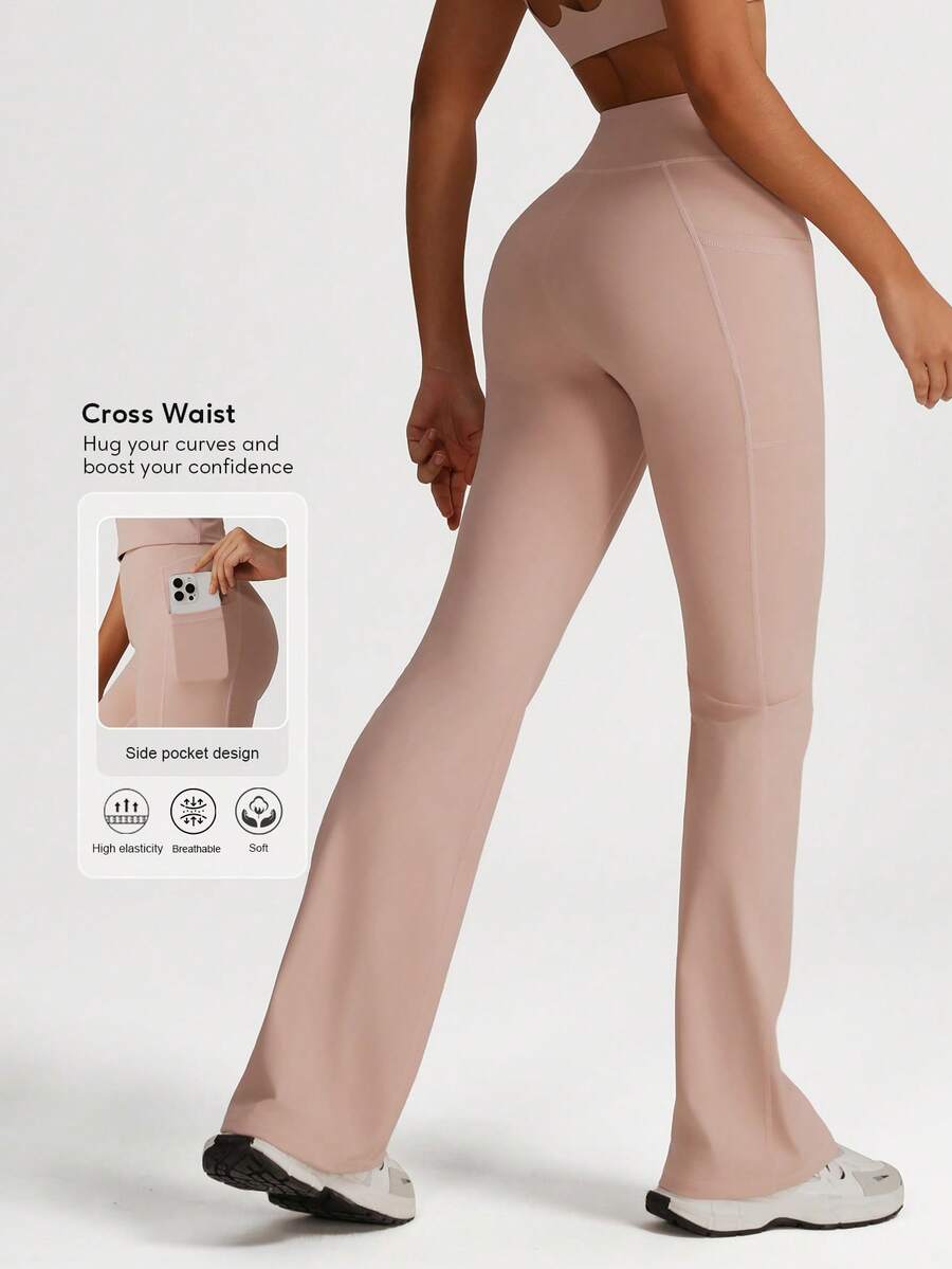 Sodalemon Women Solid Color Cross Waist Casual Outdoor Training Fitness Gym Side Pockets Yoga Sport Flare Pants