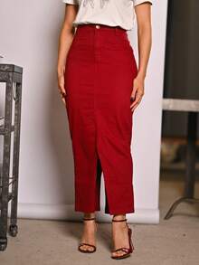 Women's Long Denim Skirt With Front Opening And Elastane Paris Collection - 紫紅色 - 查看 1