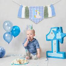 Goose 1st Birthday High Chair Banner, Goose 1st Birthday Crown, Silly Goose Decoration, Garden Party Photo Props, Goose Prince Blue Tassel Floral Wreath, Goose Smash Cake High Chair Wreath