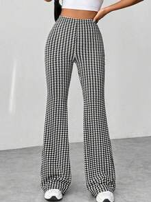 Freedom Pantalones Largos de Cintura Alta para Mujer con Estampado de Cuadros y Corte de Campana, Pantalones deportivos de mujer - Negro - Ver 4