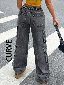 Calça jeans cargo feminina plus size estilo streetwear Y2K com vários bolsos e perna reta, com bolsos de aba. - Cinza - Ver 3