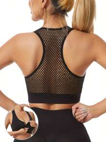 Front Zip Yoga Sports Bra, Breathable Mesh Hollow Out Plus Size Racerback Wireless Sports Bra