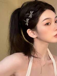 2pcs Elegant Chic Vintage Court Style Metal Dragonfly Hair Clips, 5cm/1.97in Alloy Dragonfly Hair Accessories, Suitable For Ladies' Daily Wear, Makeup, Bathing, Commuting, Vacation, Dating, School, Party, Festival, Gift, Flat Claw Clip, Snap Clip, Hair Slide, Hair Claws, Head Accessories, Hairpin, Bobby Pins - Antique Silver - View 2