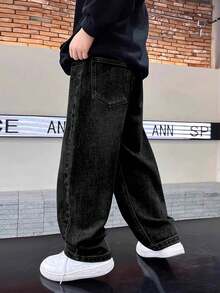 Jeans casuales de mezclilla negra de pierna ancha y suelta con bolsillo para niño preadolescente