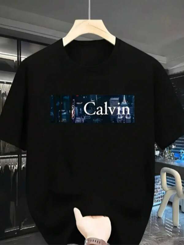 Camiseta Masculina De Gola Redonda Estampada De Calvin, Moda streetwear com Estampa de Calvin, Camiseta Casual De Manga Curta, Promoção blusa masculina  Verão  Primavera / Outono    Ajuste Regular    Nenhum