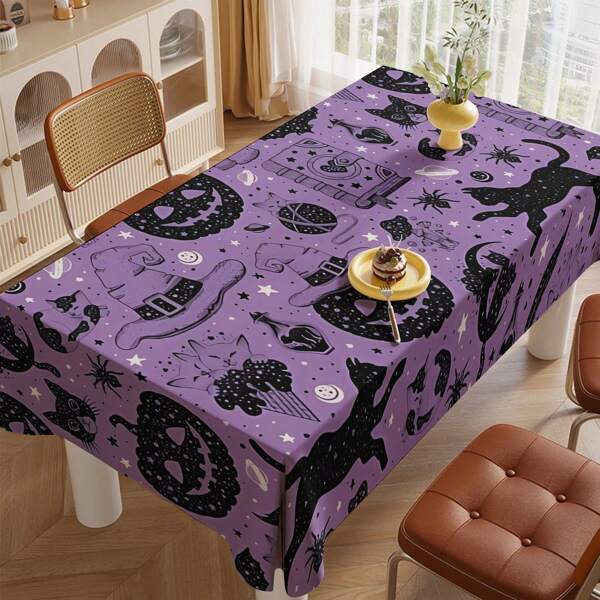 طقم مائدة ليلة الهالوين 1 قطعة - بتصميم قطة سوداء وكتاب السحر وقبعة الساحرة والقرع المصنوع من البوليستر المقاوم للتجعد والماء والزيت بمقاس 70 * 126 بوصة، ديكور حفل الهالوين، موضوع الساحرة والسحر الأسود، ديكورات المطبخ الرهيبة لمهرجان الهالوين