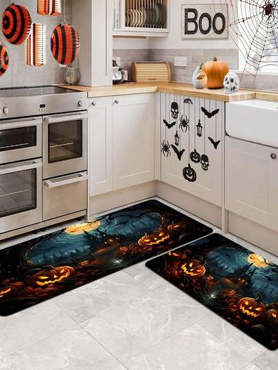 1/2 pièces Tapis de sol décoratif d'Halloween - Château, scène de nuit de citrouille sous la lune, set de tapis de sol, décoration de fête d'Halloween, convient pour la maison, le salon, la décoration de la maison, les fournitures de fête