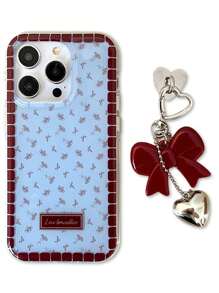 INS Korean Sweet Red Floral Blue Phone Case + 3D Bow Heart Pendant Compatible With IPhone 16 15 14 13 12 11 Pro Max Plus Lovely Adorable Girl Soft Back Cover