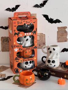 1/4 件创意万圣节陶瓷马克杯套装 - 鬼魂、南瓜、蝙蝠和猪图案咖啡杯 - 非常适合早餐牛奶和万圣节礼物 - 附赠精美礼盒