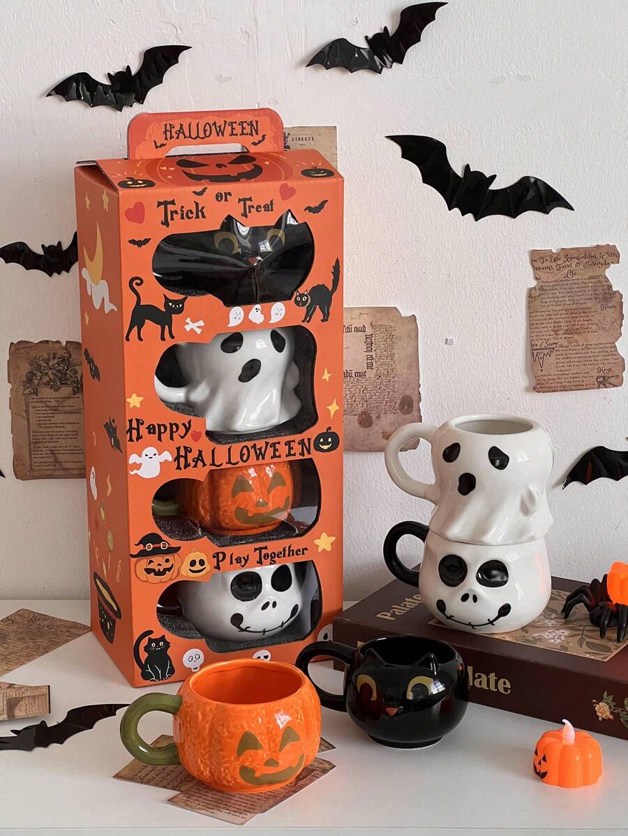 1/4 件创意万圣节陶瓷马克杯套装 - 鬼魂、南瓜、蝙蝠和猪图案咖啡杯 - 非常适合早餐牛奶和万圣节礼物 - 附赠精美礼盒