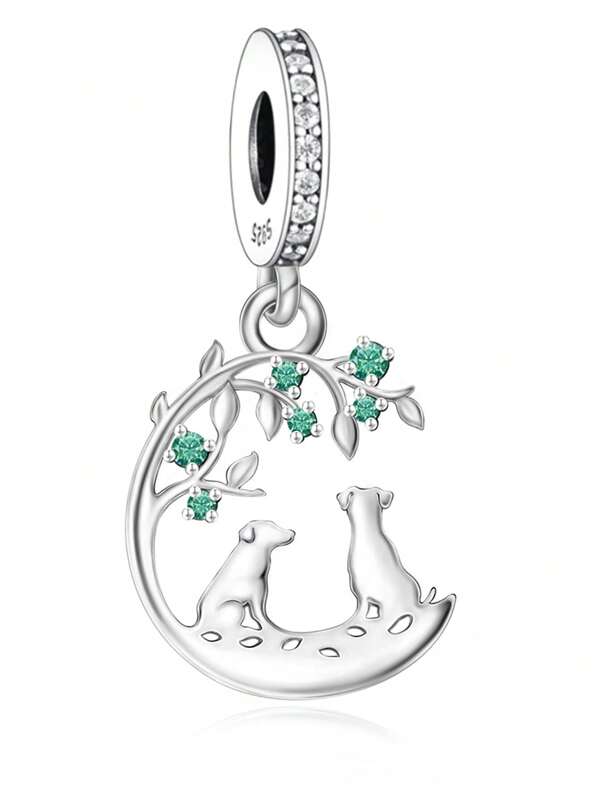 A Delicate 925 Sterling Silver Piece, Mother's Day, Leaf, Green Zirconia, Two Puppies, Bead Pendant, Jewelry For Women, Silver Jewelry, Daily Wear, Gift