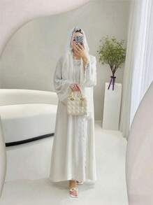 4pcs/Set Lace Trim Abaya With Sleeveless Tank Dress, Headscarf, And Belt