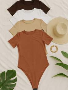 Kit 4 Women's Bodysuit Short Sleeve Comfortable Shaping Bodysuit Tight To The Body In Basic And Versatile Suplex Suplex Fabric Shapes And Enhances Simple Casual Elegant Knitted - 棕色 卡其色 白咖啡色 - 查看 1