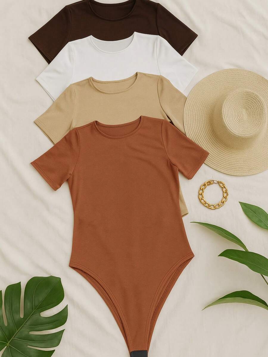 Kit 4 Women's Bodysuit Short Sleeve Comfortable Shaping Bodysuit Tight To The Body In Basic And Versatile Suplex Suplex Fabric Shapes And Enhances Simple Casual Elegant Knitted - 棕色 卡其色 白咖啡色 - 查看 1