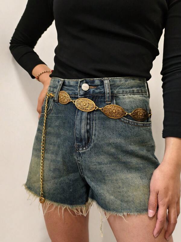 1 pièce Ceinture de style occidental pour femmes grandes tailles XXL, chaîne de taille en métal texturé avec fleurs vintage sculptées, convient aux jeans casual, idéal pour le quotidien, les fêtes, les vacances, Halloween
