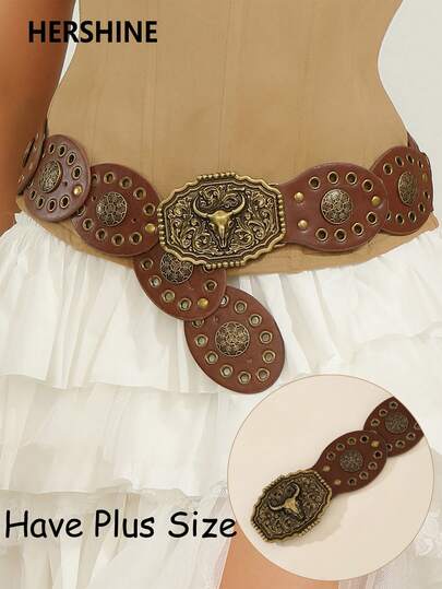 Hershine 1条波西米亚风复古PU皮宽腰带，女士西部牛仔/女牛仔/维京风格拼接腰带，百搭服饰配饰，适合日常穿着、秋季、度假、上学、万圣节等场合。