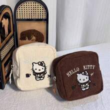 Sanrio 1pc Corduroy Fabric Hello Kitty Embroidered Girl's Square Lipstick Case, High Quality Portable Makeup Pouch, Student Earphone Coin Purse Toiletry Bag, Autumn/Wintertravel Essentials For Vacation Summer Holiday Back To School School Stuff Bag For School Travel Bag For Women Makeup Bag For Travel