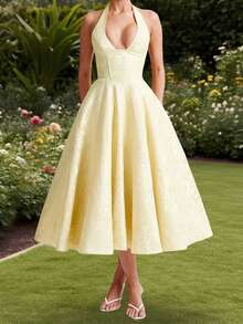 Women Jacquard Halter Dress Elegant Low Cut Sleeveless Open Back A-Line Long Dress For Evening Party Club - Màu vàng - Xem 7