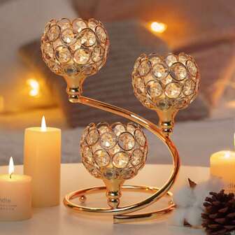 1 PC Gold/Silver Crystal Candle Holder - 3 Arm Elegant Centerpiece With Metal Base | Shining Tea Light Votive For Wedding, Anniversary, Table Decor