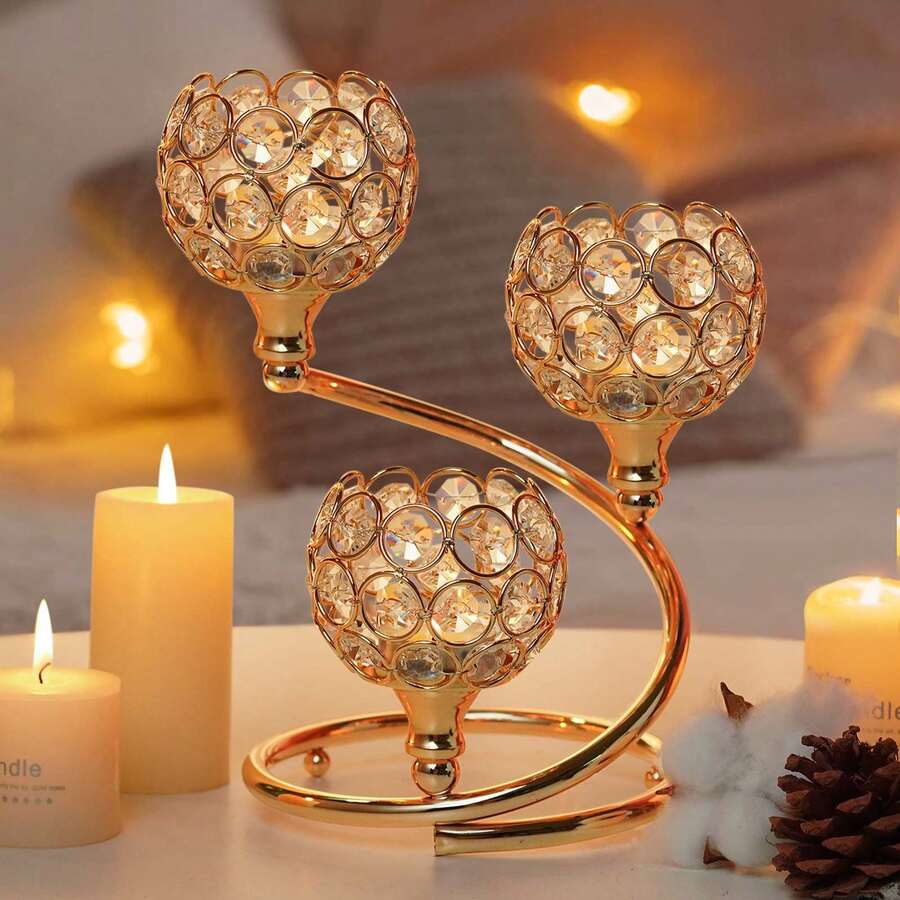 1 PC Gold/Silver Crystal Candle Holder - 3 Arm Elegant Centerpiece With Metal Base | Shining Tea Light Votive For Wedding, Anniversary, Table Decor - Multicolor - View 1