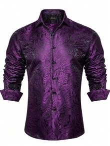 Purple Floral Paisley Mens Long Sleeves Shirt - Casual Formal Button Top For Dinner Party - Màu tím - Xem 1