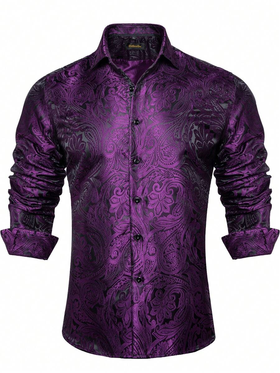 Purple Floral Paisley Mens Long Sleeves Shirt - Casual Formal Button Top For Dinner Party - Màu tím - Xem 1