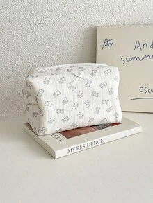 Cute Bear Print Fluffy & Soft Makeup Bag, Zipper Cosmetic Bag, Large Capacity Plaid Toiletry Bag, Travel Skincare & Cosmetics Organizer, Essential For Travel, Vacation, Back To School - Baby Blue - View 8