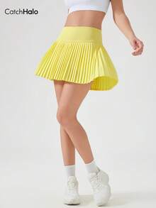 女士纯色高腰百褶网球裙，亮黄色，内置口袋，四向弹力腰带，防蹲运动裙，适合健身、跑步、羽毛球等日常穿着。