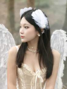 Elegante tocado de 2 piezas con plumas de cisne blanco estilo francés y perlas, un accesorio de cabello delicado y grácil perfecto para actuaciones de ballet y ocasiones nupciales