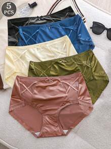 5pcs Ladies Solid Color French Satin Sexy Lace Lace Bow Mid-Waist Triangle Panties