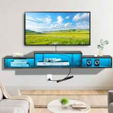 Mueble Flotante para TV 70" con Luces LED, Repisas Flotantes para TV -Ideal Almacenamiento Debajo, con 4 Enchufes y 3 Espacios Abiertos, Sencillo y Ahorra Espacio, Negro - Negro - Ver 6