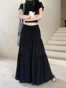 白色高腰A字裙，迷人的泡泡下摆设计，适合春夏季 - 黑色 - 查看 3