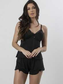 Baby Doll Feminino Liganete Liso Alcinha Pijama Feminino Confortável - Preto - Visão 1
